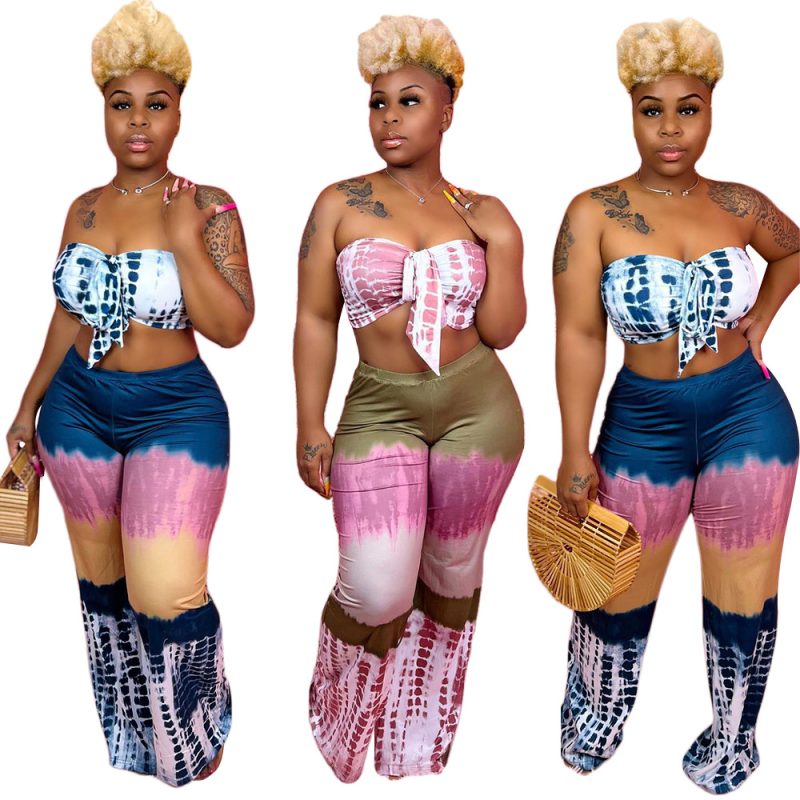 This Plus Size Women Clothing Sexy Contrast Print Strapless Wrap Crop Top Pants Two Piece Set Design And Made Of Comfortable And Elastic Fabric. Wholesale Plus Size Two Piece Sets Is a Must-Have Item For Curvy Ladies. Two Piece Sets Can Either Be Worn Together Or Individually