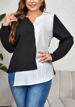 This Plus Size Women Color Block Irregular Long Sleeve Shirt Made Of Comfortable And Elastic Fabric. It Is Wholesale Sexy Plus Size Tops For Women. With The Gradual Rise Of Feminist Awareness