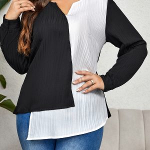 This Plus Size Women Color Block Irregular Long Sleeve Shirt Made Of Comfortable And Elastic Fabric. It Is Wholesale Sexy Plus Size Tops For Women. With The Gradual Rise Of Feminist Awareness