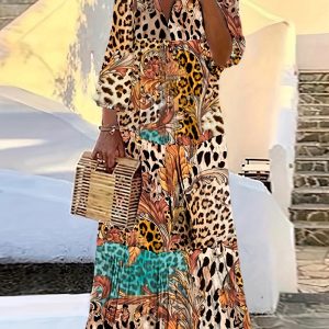 This Plus Size Women Deep v Neck Leopard Print Patchwork Maxi Dress Made Of Soft And Elastic Fabric. Global Lover Wholesale Plus Size Dresses And Hope Curvy Ladies Find Here a Warm And Exciting Place To Shop Affordable Curvy Dresses Online - Plus Size Casual