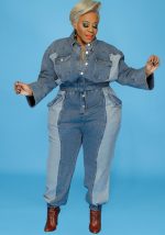 This Plus Size Women Denim Wash Color Block Casual Jumpsuit Design Made Of High Quality Polyster And Spandex Material. It Is Stretchy