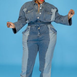 This Plus Size Women Denim Wash Color Block Casual Jumpsuit Design Made Of High Quality Polyster And Spandex Material. It Is Stretchy