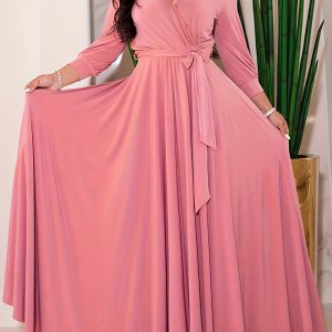 This Plus Size Women Elegant v-Neck Solid Dress Design Made O