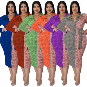 This Plus Size Women Fall Casual Long Sleeve Lapel Colorblock Dress Made Of Soft And Elastic Fabric. Global Lover Wholesale Plus Size Dresses And Hope Curvy Ladies Find Here a Warm And Exciting Place To Shop Affordable Curvy Dresses Online - Plus Size Casual