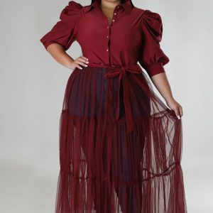 This Plus Size Women Fall Lace-Up See-Through Mesh Shirt Dress Made Of Soft And Elastic Fabric. Global Lover Wholesale Plus Size Dresses And Hope Curvy Ladies Find Here a Warm And Exciting Place To Shop Affordable Curvy Dresses Online - Plus Size Casual