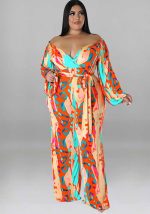 This Plus Size Women Fall Print Sexy Off Shoulder Long Sleeve Jumpsuit Design Made Of High Quality Polyster And Spandex Material. It Is Stretchy