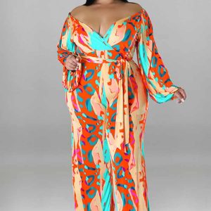 This Plus Size Women Fall Print Sexy Off Shoulder Long Sleeve Jumpsuit Design Made Of High Quality Polyster And Spandex Material. It Is Stretchy