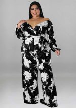 This Plus Size Women Fall Print v-Neck Off Shoulder Jumpsuit Design Made Of High Quality Polyster And Spandex Material. It Is Stretchy