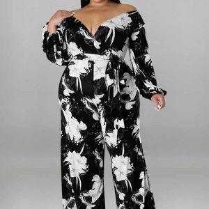 This Plus Size Women Fall Print v-Neck Off Shoulder Jumpsuit Design Made Of High Quality Polyster And Spandex Material. It Is Stretchy