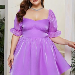 This Plus Size Women French Puff Sleeve Square Neck Dress Made Of Soft And Elastic Fabric. Global Lover Wholesale Plus Size Dresses And Hope Curvy Ladies Find Here a Warm And Exciting Place To Shop Affordable Curvy Dresses Online - Plus Size Casual