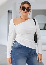 This Plus Size Women High Long Sleeve Slash Shoulder Off-The-Shoulder Irregular Pleated t-Shirt Made Of Comfortable And Elastic Fabric. It Is Wholesale Sexy Plus Size Tops For Women. With The Gradual Rise Of Feminist Awareness