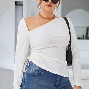 This Plus Size Women High Long Sleeve Slash Shoulder Off-The-Shoulder Irregular Pleated t-Shirt Made Of Comfortable And Elastic Fabric. It Is Wholesale Sexy Plus Size Tops For Women. With The Gradual Rise Of Feminist Awareness