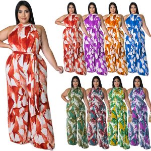 This Plus Size Women Holidays Casual Print Sleeveless Jumpsuit Design Made Of High Quality Polyster And Spandex Material. It Is Stretchy