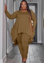 This Plus Size Women Irregular Long Sleeve Top And Pant Two Piece Set Design And Made Of Comfortable And Elastic Fabric. Wholesale Plus Size Two Piece Sets Is a Must-Have Item For Curvy Ladies. Two Piece Sets Can Either Be Worn Together Or Individually