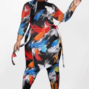 This Plus Size Women Irregular Print Long Sleeve Top+Pant Two-Piece Set Design And Made Of Comfortable And Elastic Fabric. Wholesale Plus Size Two Piece Sets Is a Must-Have Item For Curvy Ladies. Two Piece Sets Can Either Be Worn Together Or Individually