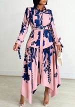 This Plus Size Women Irregular Print Turndown Collar Dress Design Made Of High Quality Polyster And Spandex Material. It Is Stretchy