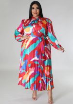 This Plus Size Women Lace-Up Long Sleeve Printed Pleated Dress Made Of Soft And Elastic Fabric. Global Lover Wholesale Plus Size Dresses And Hope Curvy Ladies Find Here a Warm And Exciting Place To Shop Affordable Curvy Dresses Online - Plus Size Casual