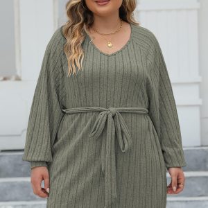 This Plus Size Women Lace-Up Ribbed v-Neck Casual Dress Made Of Soft And Elastic Fabric. Global Lover Wholesale Plus Size Dresses And Hope Curvy Ladies Find Here a Warm And Exciting Place To Shop Affordable Curvy Dresses Online - Plus Size Casual