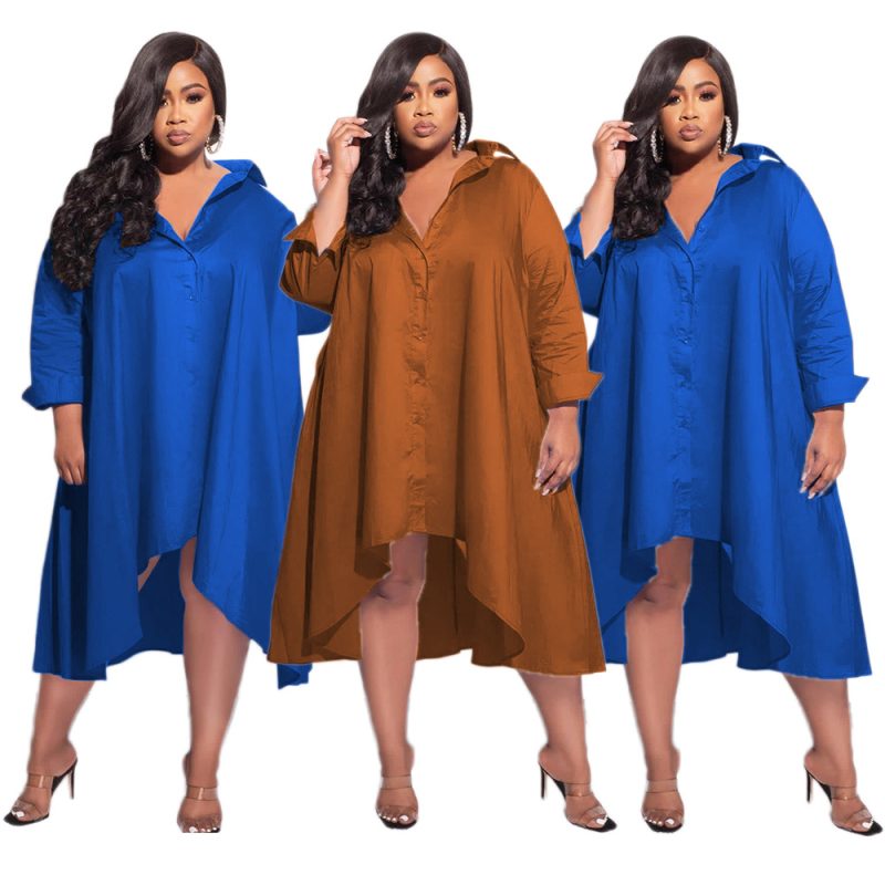 This Plus Size Women Long Sleeve Button Down Irregular Shirt Dress Made Of Soft And Elastic Fabric. Global Lover Wholesale Plus Size Dresses And Hope Curvy Ladies Find Here a Warm And Exciting Place To Shop Affordable Curvy Dresses Online - Plus Size Casual