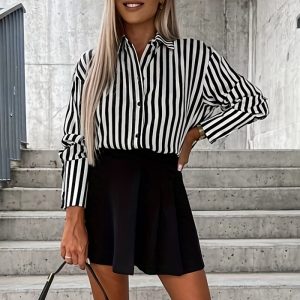 This Plus Size Women Long Sleeve Striped Print Shirt Made Of Comfortable And Elastic Fabric. It Is Wholesale Sexy Plus Size Tops For Women. With The Gradual Rise Of Feminist Awareness