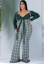 This Plus Size Women Long Sleeve Top And Plaid Suspenders Set Design Made Of High Quality Polyster And Spandex Material. It Is Stretchy