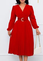 This Plus Size Women Long Sleeve v-Neck Pleated Maxi Dress Design Made Of High Quality Polyster And Spandex Material. It Come With Good Stretch And Wearing Comfortable. Women¡¯s Midi Dresses Is Omnipotent And Suit For All Kinds Of Occasions - Daily Wear