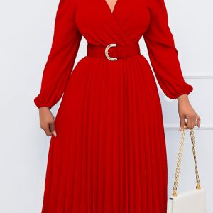 This Plus Size Women Long Sleeve v-Neck Pleated Maxi Dress Design Made Of High Quality Polyster And Spandex Material. It Come With Good Stretch And Wearing Comfortable. Women¡¯s Midi Dresses Is Omnipotent And Suit For All Kinds Of Occasions - Daily Wear