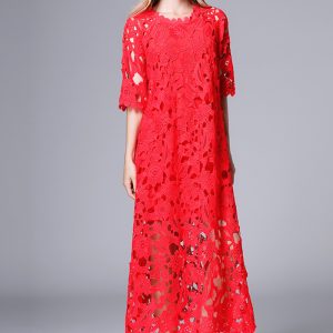 This Plus Size Women Loose Hollow Lace Dress Design Made Of High Quality Polyster And Spandex Material. It Is Stretchy