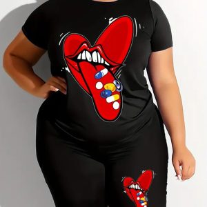 Diese Plus Size Frauen lose gedruckt t-Shirt und Shorts zweiteiliges Set Design und aus bequemen und elastischen Stoff. Großhandel Plus Größe Zweiteilige Sets ist ein Must-Have Element für kurvige Damen. Zweiteilige Sets können entweder zusammen oder einzeln getragen werden