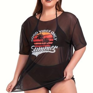 This Plus Size Women Mesh Cover-Up See-Through Sexy Bikini Swimwearthree-Piece Is Made Of Good Quality Lycra And Spandex Fabric