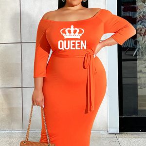 This Plus Size Women Off Shoulder Crown Print Lace-Up Dress Made Of Soft And Elastic Fabric. Global Lover Wholesale Plus Size Dresses And Hope Curvy Ladies Find Here a Warm And Exciting Place To Shop Affordable Curvy Dresses Online - Plus Size Casual