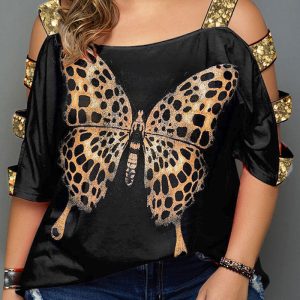 This Plus Size Women Off Shoulder Hollow Sequin t-Shirt Made Of Comfortable And Elastic Fabric. It Is Wholesale Sexy Plus Size Tops For Women. With The Gradual Rise Of Feminist Awareness