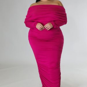 This Plus Size Women Off Shoulder Pleated Long Sleeve Dress Made Of Soft And Elastic Fabric. Global Lover Wholesale Plus Size Dresses And Hope Curvy Ladies Find Here a Warm And Exciting Place To Shop Affordable Curvy Dresses Online - Plus Size Casual