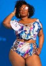 This Plus Size Women Off Shoulder Print Two Pieces Swimwear Is Made Of Good Quality Lycra And Spandex Fabric