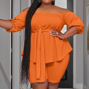 This Plus Size Women Off Shoulder Solid Top And Shorts Casual Two-Piece Set Made Of Soft And Elastic Fabric. Global Lover Wholesale Plus Size Dresses And Hope Curvy Ladies Find Here a Warm And Exciting Place To Shop Affordable Curvy Dresses Online - Plus Size Casual