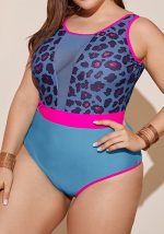 This Plus Size Women One-Piece Sexy See-Through Leopard Color Block Bikini Swimwear Is Made Of Good Quality Lycra And Spandex Fabric