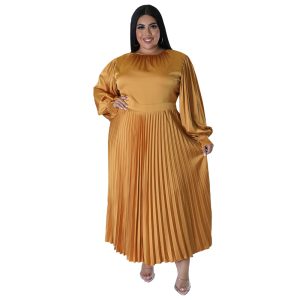 This Plus Size Women Pleated Round Neck Long Sleeve Dress Made Of Soft And Elastic Fabric. Global Lover Wholesale Plus Size Dresses And Hope Curvy Ladies Find Here a Warm And Exciting Place To Shop Affordable Curvy Dresses Online - Plus Size Casual