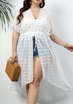 This Plus Size Women Polka Dot Chiffon Shirt Beach Sunscreen Irregular Lace-Up Dress Is Made Of Good Quality Lycra And Spandex Fabric