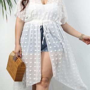 This Plus Size Women Polka Dot Chiffon Shirt Beach Sunscreen Irregular Lace-Up Dress Is Made Of Good Quality Lycra And Spandex Fabric