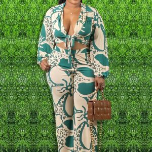 This Plus Size Women Printed Lace-Up Cutout Top And Wide Leg Pant Two Piece Design And Made Of Comfortable And Elastic Fabric. Wholesale Plus Size Two Piece Sets Is a Must-Have Item For Curvy Ladies. Two Piece Sets Can Either Be Worn Together Or Individually