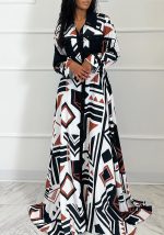 This Plus Size Women Printed Long Sleeve Tie Maxi Dress Design Made Of High Quality Polyster And Spandex Material