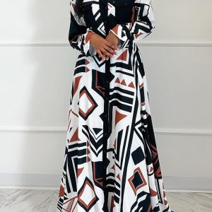 This Plus Size Women Printed Long Sleeve Tie Maxi Dress Design Made Of High Quality Polyster And Spandex Material