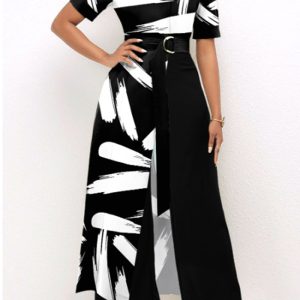 This Plus Size Women Printed Patchwork Short Sleeve Round Neck Jumpsuit Design Made Of High Quality Polyster And Spandex Material. It Is Stretchy