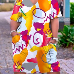 This Plus Size Women Printed Short Sleeve Dress Made Of Soft And Elastic Fabric. Global Lover Wholesale Plus Size Dresses And Hope Curvy Ladies Find Here a Warm And Exciting Place To Shop Affordable Curvy Dresses Online - Plus Size Casual