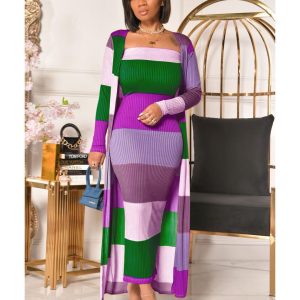 This Plus Size Women Ribbed Print Colorblock Dress + Long Coat Design Made Of High Quality Polyster And Spandex Material