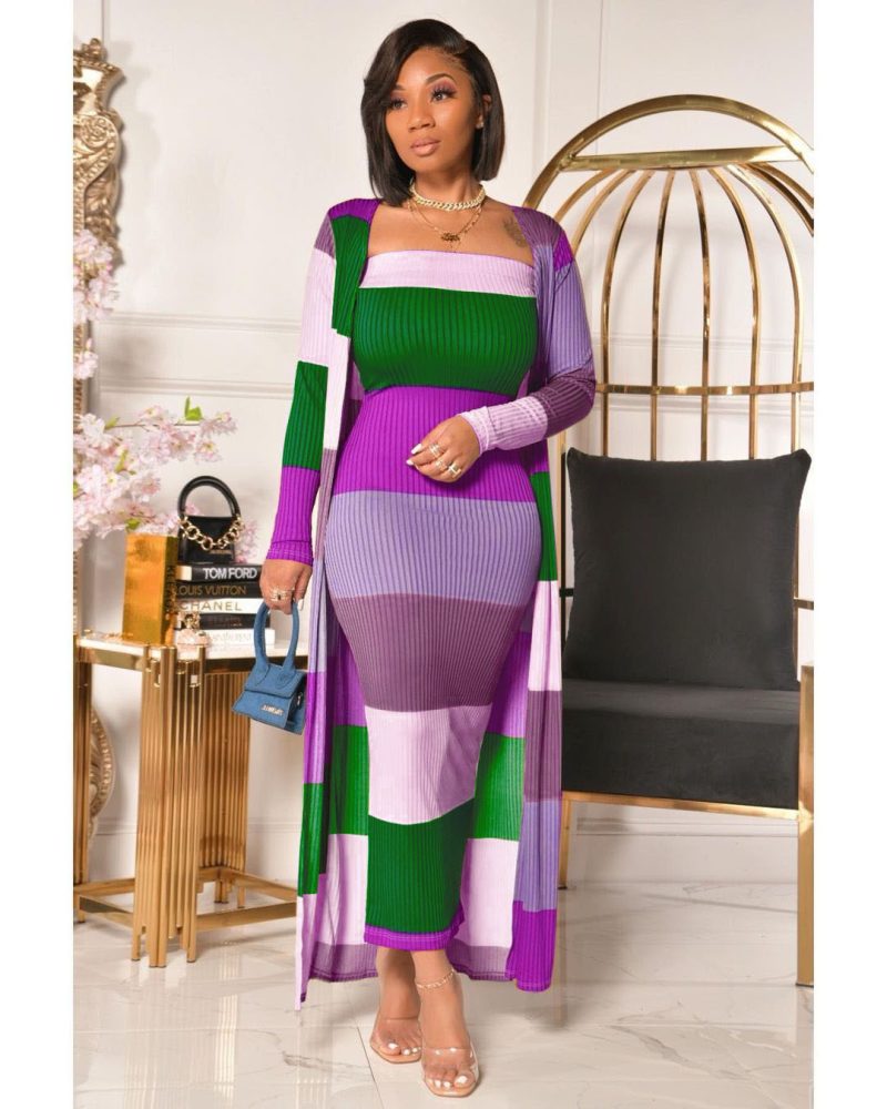 This Plus Size Women Ribbed Print Colorblock Dress + Long Coat Design Made Of High Quality Polyster And Spandex Material