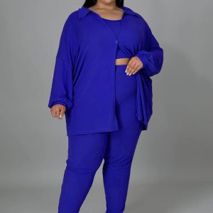 This Plus Size Women Ribbed Solid Color Three-Piece Casual Sexy Pants Set Design And Made Of Comfortable And Elastic Fabric. Wholesale Plus Size Two Piece Sets Is a Must-Have Item For Curvy Ladies. Two Piece Sets Can Either Be Worn Together Or Individually