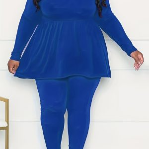 This Plus Size Women Round Neck Pleated Loose Long Sleeve Solid Top And Pant Two-Piece Set Design And Made Of Comfortable And Elastic Fabric. Wholesale Plus Size Two Piece Sets Is a Must-Have Item For Curvy Ladies. Two Piece Sets Can Either Be Worn Together Or Individually