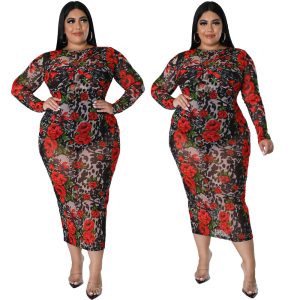 This Plus Size Women Round Neck See-Through Long Sleeve Print Bodycon Dress Made Of Soft And Elastic Fabric. Global Lover Wholesale Plus Size Dresses And Hope Curvy Ladies Find Here a Warm And Exciting Place To Shop Affordable Curvy Dresses Online - Plus Size Casual