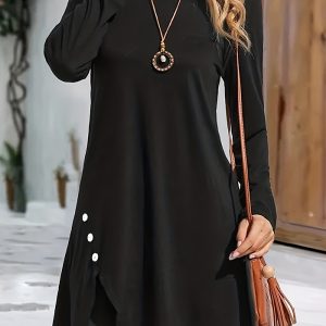 This Plus Size Women Round Neck Solid Buttonknitting Dress Made Of Soft And Elastic Fabric. Global Lover Wholesale Plus Size Dresses And Hope Curvy Ladies Find Here a Warm And Exciting Place To Shop Affordable Curvy Dresses Online - Plus Size Casual